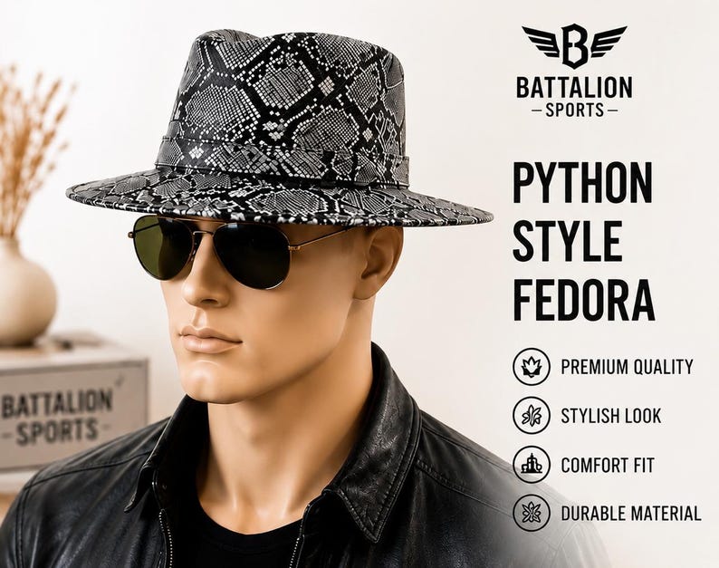 May include: A fedora hat featuring a black and white python skin pattern, worn by a mannequin with dark aviator sunglasses. The text BATTALION SPORTS PYTHON STYLE FEDORA is visible, along with icons labeled PREMIUM QUALITY, STYLISH LOOK, COMFORT FIT, and DURABLE MATERIAL.