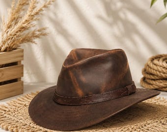 Handmade Brown Leather Cowboy Hat – Vintage Western Hat, Rustic Outback Hat, Rancher Style, Wide Brim Leather Hat for Men