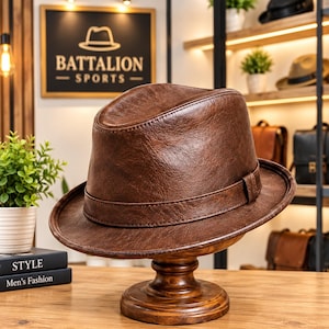 Pode incluir: Um chapéu fedora castanho com acabamento texturizado e uma faixa castanha a condizer à volta da copa. O chapéu é exibido num suporte de madeira, destacando a sua aba estruturada e o topo côncavo, apresentando um design clássico e liso.
