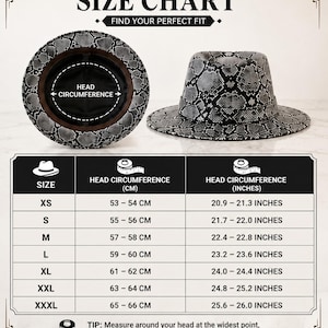 May include: A size chart for a fedora hat with a black and white snakeskin pattern. The image displays the hat from top and side views, alongside a table listing head circumference measurements in centimeters and inches from XS to XXXL.