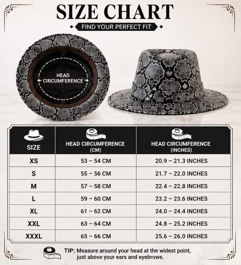 May include: A size chart for a fedora hat with a black and white snakeskin pattern. The image displays the hat from top and side views, alongside a table listing head circumference measurements in centimeters and inches from XS to XXXL.