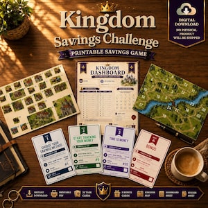 Peut inclure: Un jeu d'épargne imprimable Kingdom Savings Challenge comprenant un tableau de bord, une carte avec des parcelles numérotées et des cartes de tâches numérotées 1, 2, 3 et Bonus. L'ensemble inclut des journaux d'épargne et des instructions.
