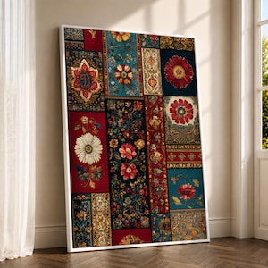 May include: A rectangular wall art print featuring a vertical patchwork design of various floral patterns. The composition includes deep red, navy blue, and gold sections with detailed botanical illustrations, including large daisies and poppies.