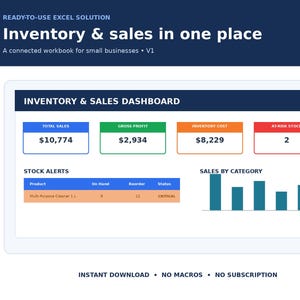 May include: An Excel inventory and sales dashboard template titled Inventory & sales in one place. It displays metrics for total sales, gross profit, inventory cost, and at-risk stock, alongside a stock alerts table and a sales by category bar chart.