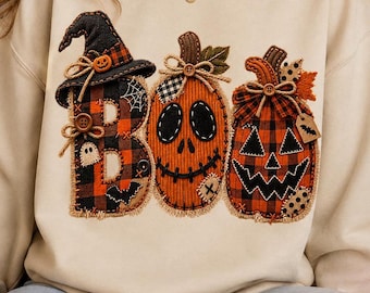 PNG de calabaza Boo de patchwork, diseño de aplique de Halloween, descarga de sublimación espeluznante, letras de fantasma de calabaza