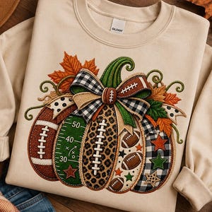 May include: A cream-coloured crewneck sweatshirt featuring a large graphic of a pumpkin composed of various patterns including football textures, a green field grid, leopard print, and black and white buffalo plaid, topped with a decorative bow.