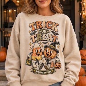 Bus eller godis-lapptäcke PNG, fauxbroderi med Halloween-design, applikation med godismajs och pumpa, sublimering för nedladdning