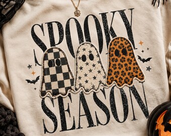 PNG de temporada espeluznante, diseño de fantasmas lindos de Halloween, fantasma leopardo a cuadros, descarga digital por sublimación