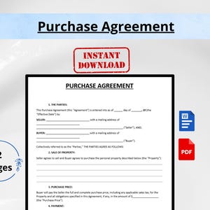 Puede incluir: Una plantilla de documento de contrato de compraventa de dos páginas con texto negro sobre fondo blanco. El documento incluye secciones para las partes, venta de propiedad y precio de compra. Incluye iconos de archivos Word azul y PDF rojo.