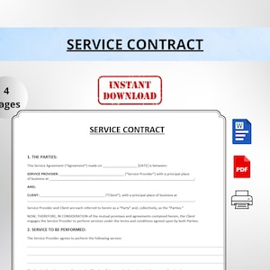 Puede incluir: Una plantilla de contrato de servicio de cuatro páginas con el texto SERVICE CONTRACT en la parte superior y en el cuerpo. Incluye un sello de INSTANT DOWNLOAD, junto con iconos azules de Word, rojos de PDF y una impresora negra a la derecha.