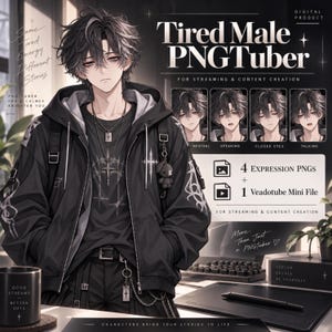 May include: A digital product featuring a Tired Male PNGTuber character with messy dark hair, wearing a black hoodie and t-shirt with cross graphics. Includes 4 expression PNGs, 1 Veadotube Mini file, and text overlays for streaming and content creation.