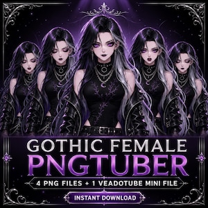 May include: A digital character set featuring five variations of a person with long dark hair, purple eyes, and black clothing, including a leather jacket and chain necklace. The text reads GOTHIC FEMALE PNGTUBER, 4 PNG FILES + 1 VEADOTUBE MINI FILE, INSTANT DOWNLOAD.