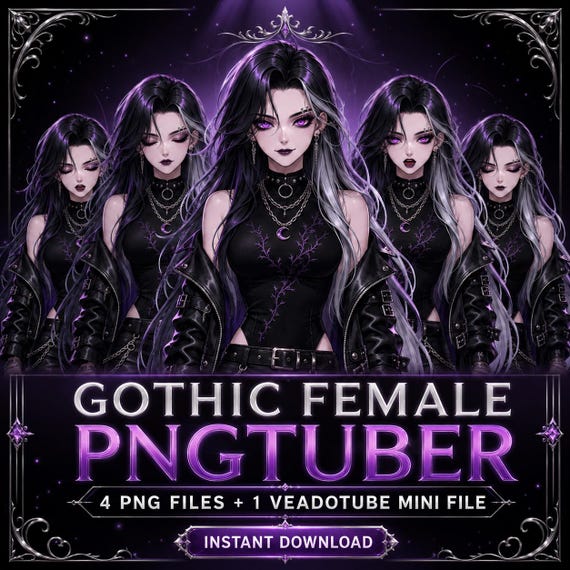 Gothic Female PNGTuber Model, Premade Anime VTuber Avatar, Veadotube Mini, 4 Reactive PNGs, Dark Streaming Character Download