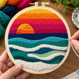 May include: A circular embroidery hoop containing a punch needle project depicting a sunset over the ocean. The design features a yellow sun, a pink and orange sky, and layered waves in shades of dark blue, teal, green, and white textured yarn.