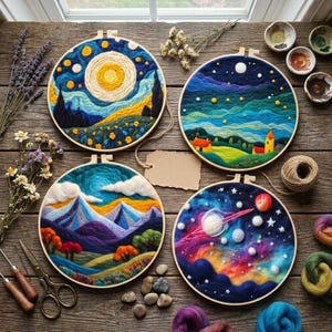 May include: Four circular embroidery hoops featuring needle-felted landscapes: a swirling yellow sun over a blue field, a night sky with a village, a mountain range with autumn trees, and a colorful galaxy with planets and stars on a dark background.