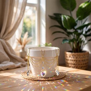Peut inclure: Un pot de fleurs en céramique blanche orné de chaînes en métal doré et de pendentifs en cristal transparent à facettes. Les chaînes décoratives sont drapées en guirlandes autour du bord, avec un cristal central en forme de cœur.