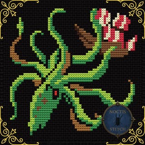 May include: A cross-stitch pattern on a black background featuring a green and brown squid with a single red eye, attacking a small wooden ship with red and white sails. A circular blue logo in the bottom right corner reads Noctis Stitch.
