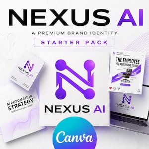 Peut inclure: Un kit de démarrage d'identité de marque Nexus AI avec un schéma de couleurs violet et blanc. La collection comprend un logo, un ordinateur portable affichant le logo, des documents imprimés AI Automation Strategy et un graphique de réseau social.
