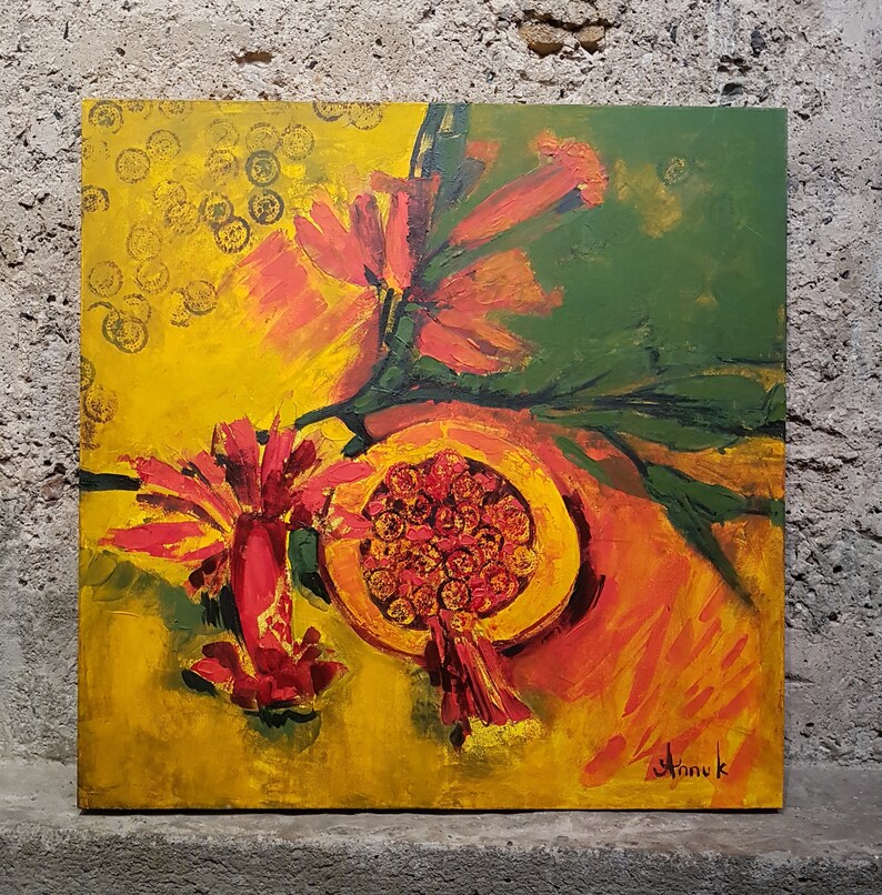 Floral Art Original Painting Yellow Red Home Decor Canvas Etsy