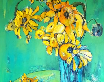 Extra large painting on canvas with sunflowers. Big size original artwork. Modern wall art for large space.