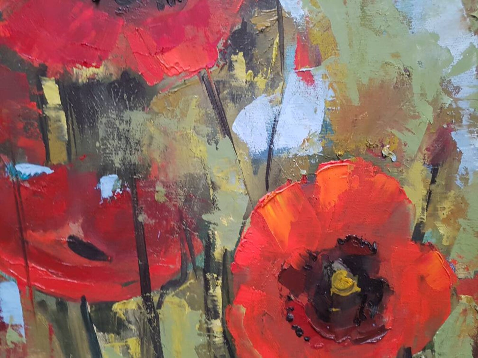 Poppy Painting Original Oil Canvas Modern Art Flower Red Green Etsy