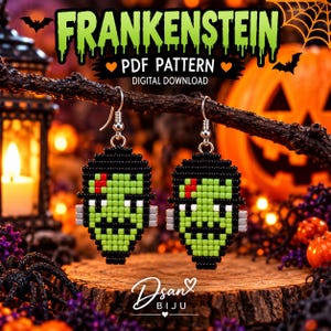 Könnte beinhalten: Ein Paar Perlenohrringe in Form von Frankensteins Monster, bestehend aus grünen, schwarzen, weißen und roten Perlen mit silberfarbenen Haken. Der Text FRANKENSTEIN PDF PATTERN DIGITAL DOWNLOAD steht in Grün und Weiß darüber.