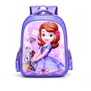 May include: A purple backpack featuring a glossy front panel with an illustration of Sofia the First and a rabbit. The design includes a tiara, a purple dress, and the text Sofia the First. It has side mesh pockets and padded shoulder straps.