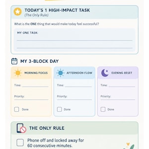May include: A daily planner sheet titled The Dopamine Defense with sections for Today's 1 High-Impact Task, My 3-Block Day featuring Morning Focus, Afternoon Flow, and Evening Reset, and The Only Rule section with a checkbox for phone usage.