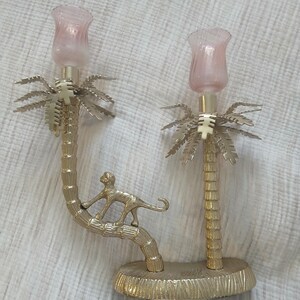 Vintage Brass Palm Tree Monkey Candelabra Candle Holder, Pink Glass Hurricane Peg Votive Shades, Hollywood Regency Tropical Decor, Gift