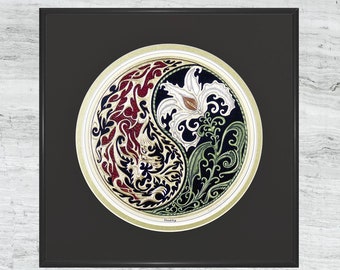 Duality - Framed Digital Art Print 12" x 12" - Fantasy art - Dragon - Lily - Yin-Yang - spiritual -  balance of opposites - zen -