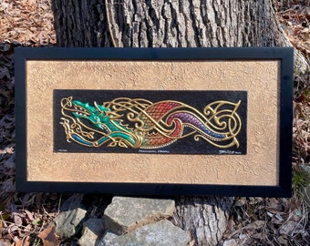 Psycho-Celtic Dragon - Cast Paper Kevin Dyer - Fantasy Knot Drake Wyrm zoomorphic Irish Scottish Book of Kells Celt Rainbow Wall Decor Color