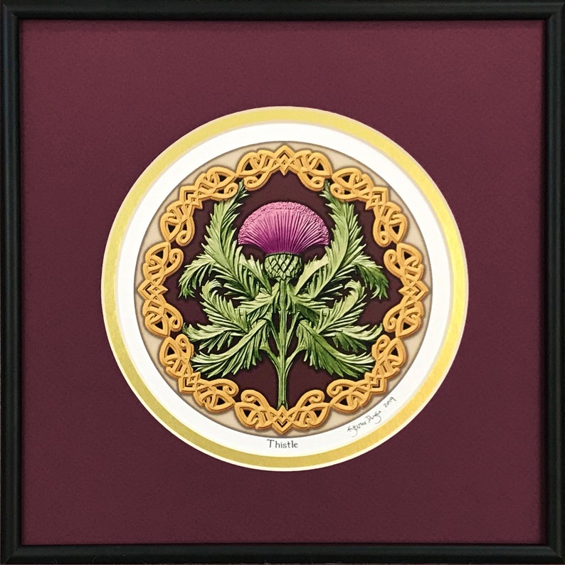 Thistle Framed Digital Print 10 x 10 Scotland, Highland, Scottish Celtic Gift Maroon-Gold