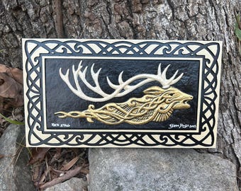 Red Stag - Kevin Dyer Cast Paper - Bronze Age Ancient Design Scottish Irish Welsh Norse Nordic Knot  Wall Hanging Decor 3D Dimensional