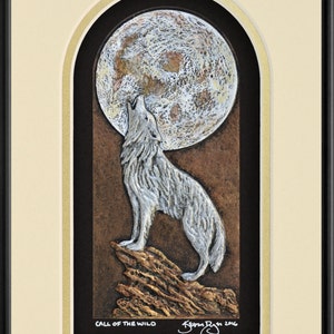 Call of the Wild Cast Paper Wolf Howling at moon Big moon handmade silver wolf white wolf Spice-Gold-Black