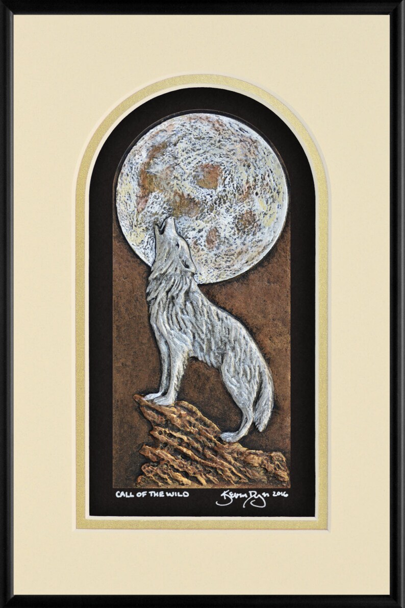 Call of the Wild Cast Paper Wolf Howling at moon Big moon handmade silver wolf white wolf Spice-Gold-Black