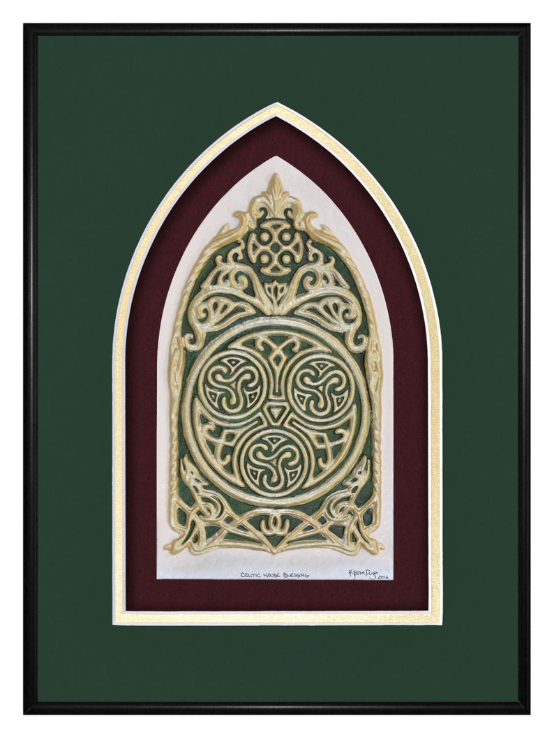 Celtic House Blessing Cast Paper Irish home blessing Scottish Celtic Knot Work housewarming realtor closing gift wall art Green-Gold-Maroon
