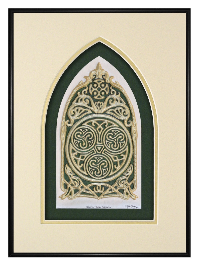 Celtic House Blessing Cast Paper Irish home blessing Scottish Celtic Knot Work housewarming realtor closing gift wall art Cream-Gold-Green