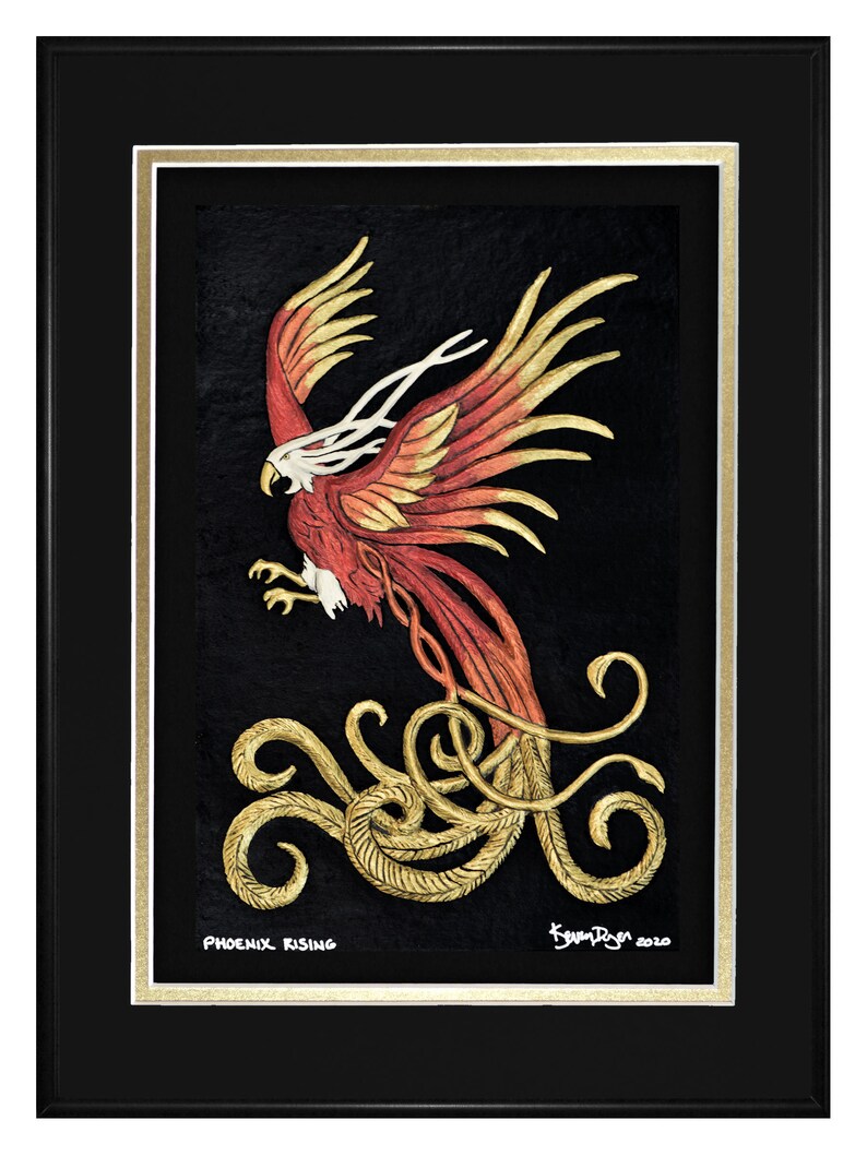 Phoenix Rising Cast Paper Fantasy art Black-Gold-Black