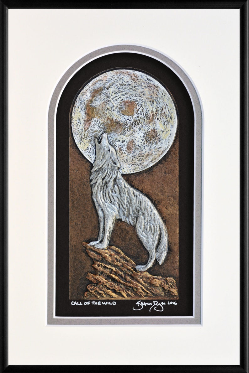 Call of the Wild Cast Paper Wolf Howling at moon Big moon handmade silver wolf white wolf White-Grey-Black