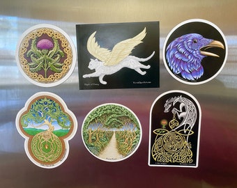 Celtic Die-Cut Magnet 6 pack  - Irish Scottish Yggdrasil Celtic Raven Tree of Life Thistle Cat