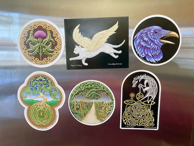 Celtic Die-Cut Magnet 6 pack Irish Scottish Yggdrasil Celtic Raven Tree of Life Thistle Cat image 1