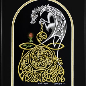 May include: A silver Celtic dragon with intricate knotwork design, holding a golden orb with a triple spiral motif. The dragon is set against a black background with a gold border.