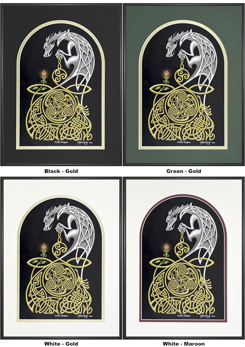 May include: A Celtic dragon design with intricate knotwork and a silver dragon holding a golden orb. The background is black and the design is framed in gold. The text "Celtic Dragon" is at the bottom of the image.