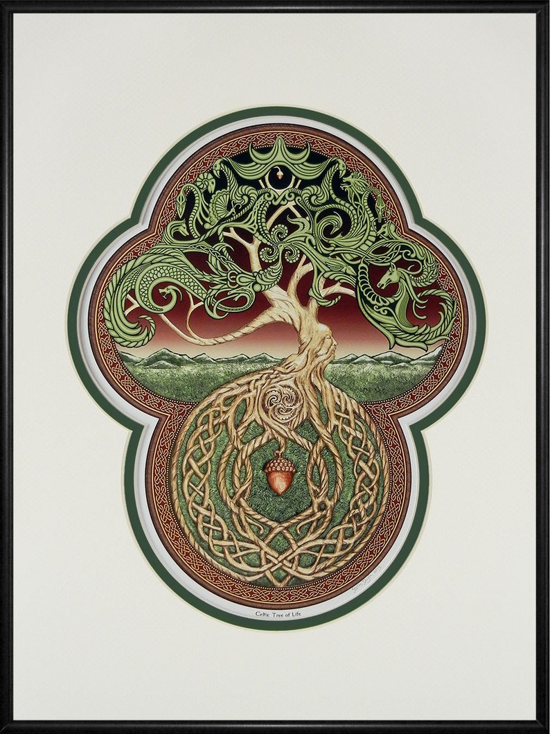 Celtic Tree of Life Framed Digital Art Print 11x 14 Tree Green Arbor Big Tree Great Oak Acorn Irish art yggdrasil White -Green