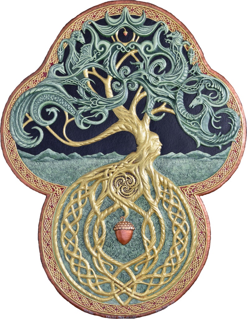 The Celtic Tree of Life Cast Paper Large Tree Green Arbor Big Tree Great Oak Acorn yggdrasil afbeelding 2