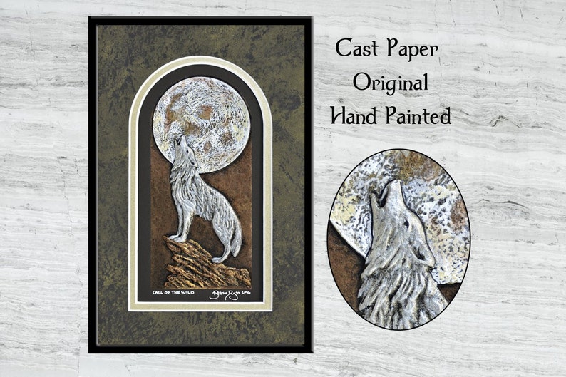 Call of the Wild Gegossenes Papier Wolf heult bei Mond Großer Mond Handarbeit silberner Wolf weißer Wolf Bild 1