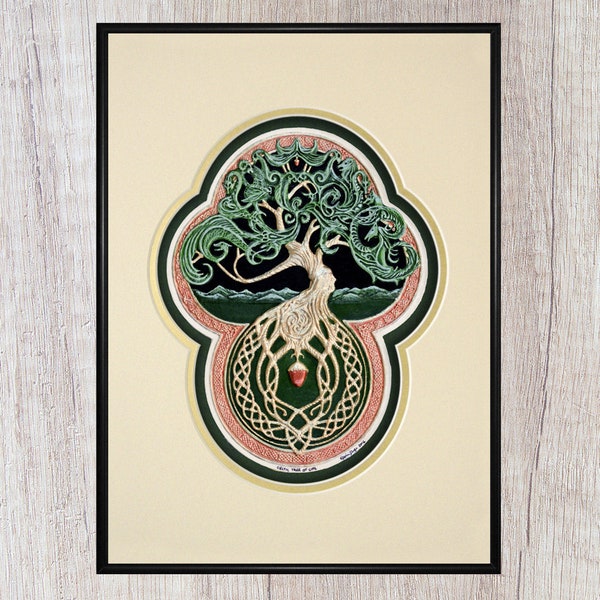 Celtic Tree of Life- Cast Paper - Tree - Green - Arbor - Big Tree - Great Oak - Acorn - Irish art - yggdrasil