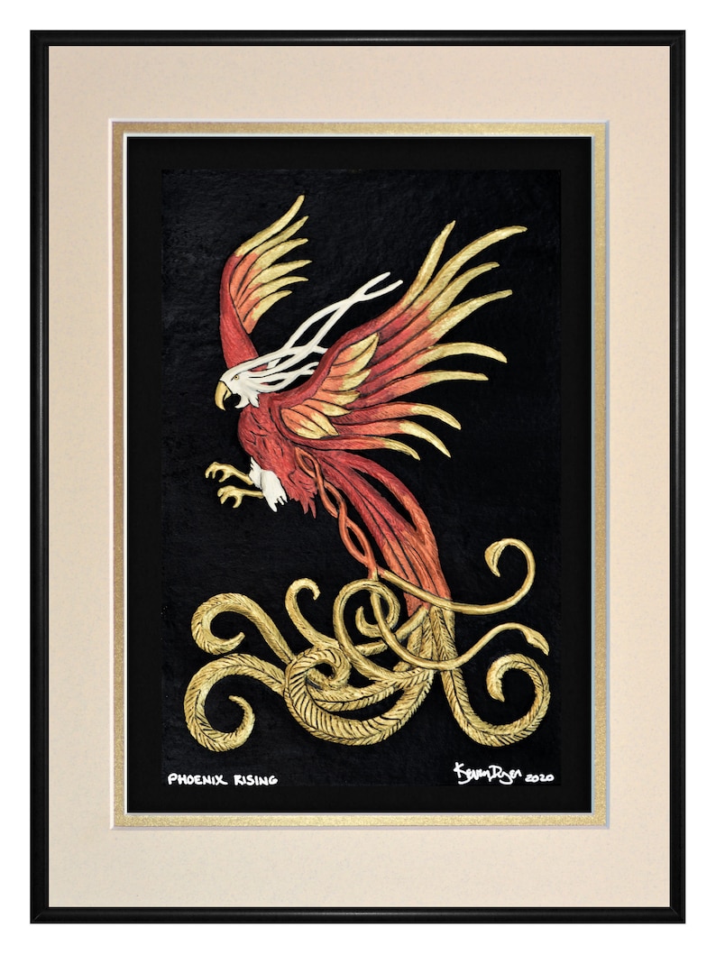 Phoenix Rising Cast Paper Fantasy art Cream-Gold-Black