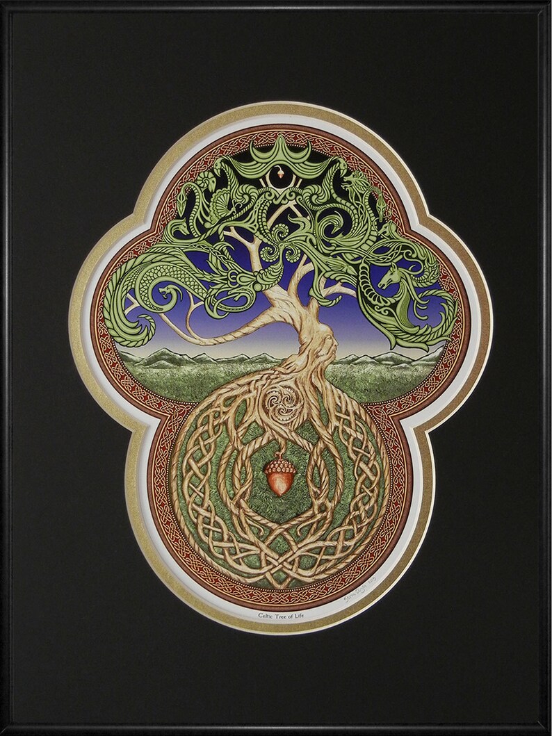 Celtic Tree of Life Framed Digital Art Print 11x 14 Tree Green Arbor Big Tree Great Oak Acorn Irish art yggdrasil Black -Gold