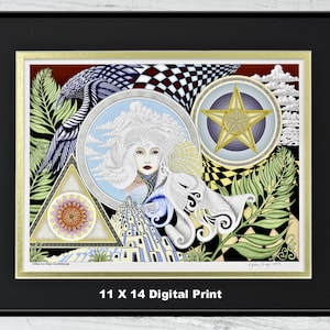 May include: A digital print of a colorful, surreal artwork featuring a woman's face surrounded by geometric shapes, a star, a bird, and a flower. The artwork is framed in black with a gold border. The print is 11 x 14 inches.